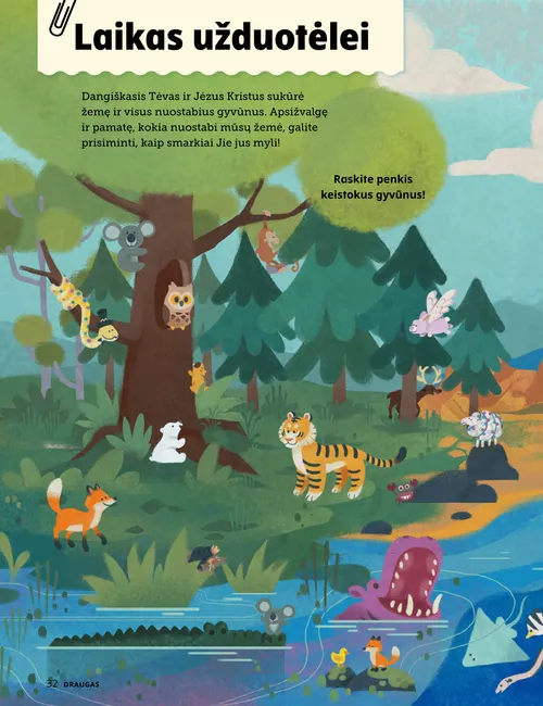 PDF puslapis rodo gamtos vaizdelį su daugybe gyvūnų