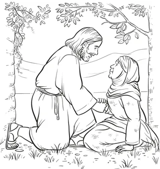Jesus Christ kneeling to talk to a woman