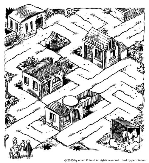 A maze with Mary and Joseph finding their way through Bethlehem with no vacant inns, heading to the stable.