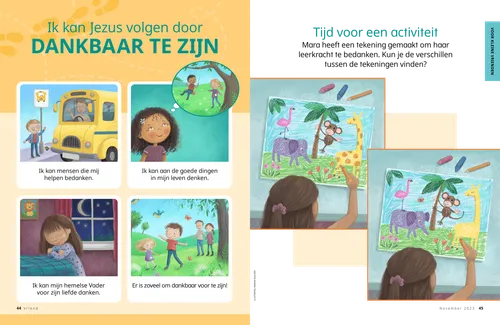 Pagina (pdf) over een kind dat naar een buschauffeur zwaait, een meisje dat aan haar vrienden denkt, een biddend meisje, en kinderen in de natuur; plus een zoek-de-verschillen-activiteit