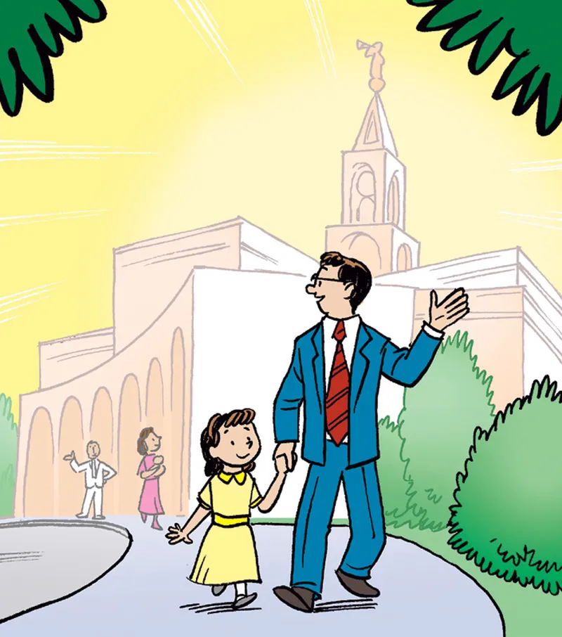 A father walks around the temple grounds while holding his daughter’s hand.