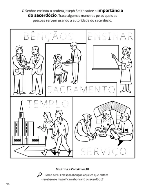 Página em PDF para colorir sobre como as pessoas podem servir usando o sacerdócio, além de uma atividade de contorno