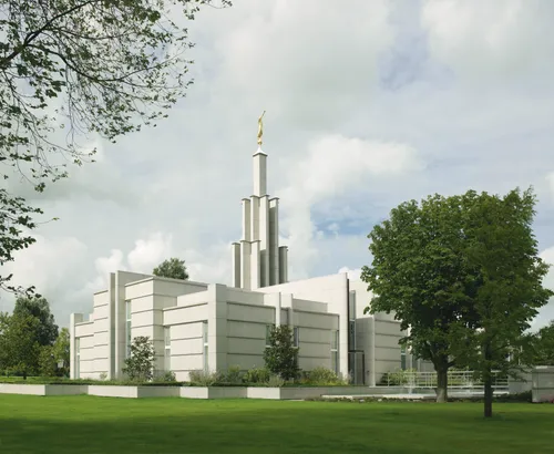 Color photograph of the Hague Netherlands Temple.