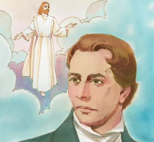 Close-up of Joseph Smith, behind him are clouds and the Savior. Chapter 33-1 (D&C 93:1)