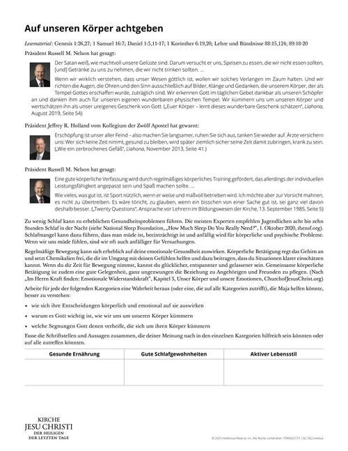 Arbeitsblatt „Auf unseren Körper achtgeben“