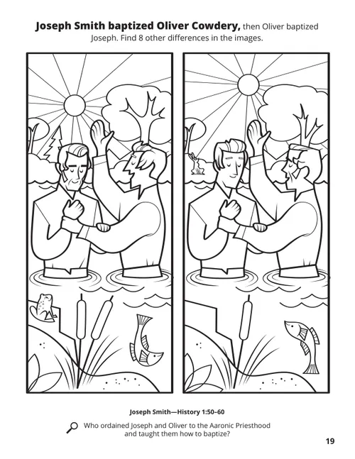 A line drawing of two similar images of Oliver Cowdery and Joseph Smith baptizing each other with a spot the difference game.