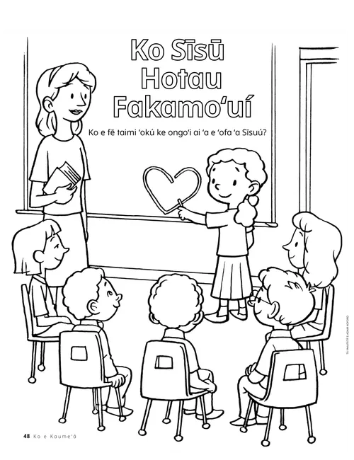 Peesi valivali ʻo ha faiako mo ha fānau ʻi ha kalasi Palaimeli pea mo ha taha ʻo e fānaú ʻokú ne tā ha foʻi haati ʻi he palakipoé