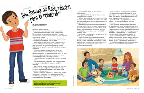 Página PDF con ilustraciones de un niño cantando y una familia sentada en el suelo con láminas de Jesucristo