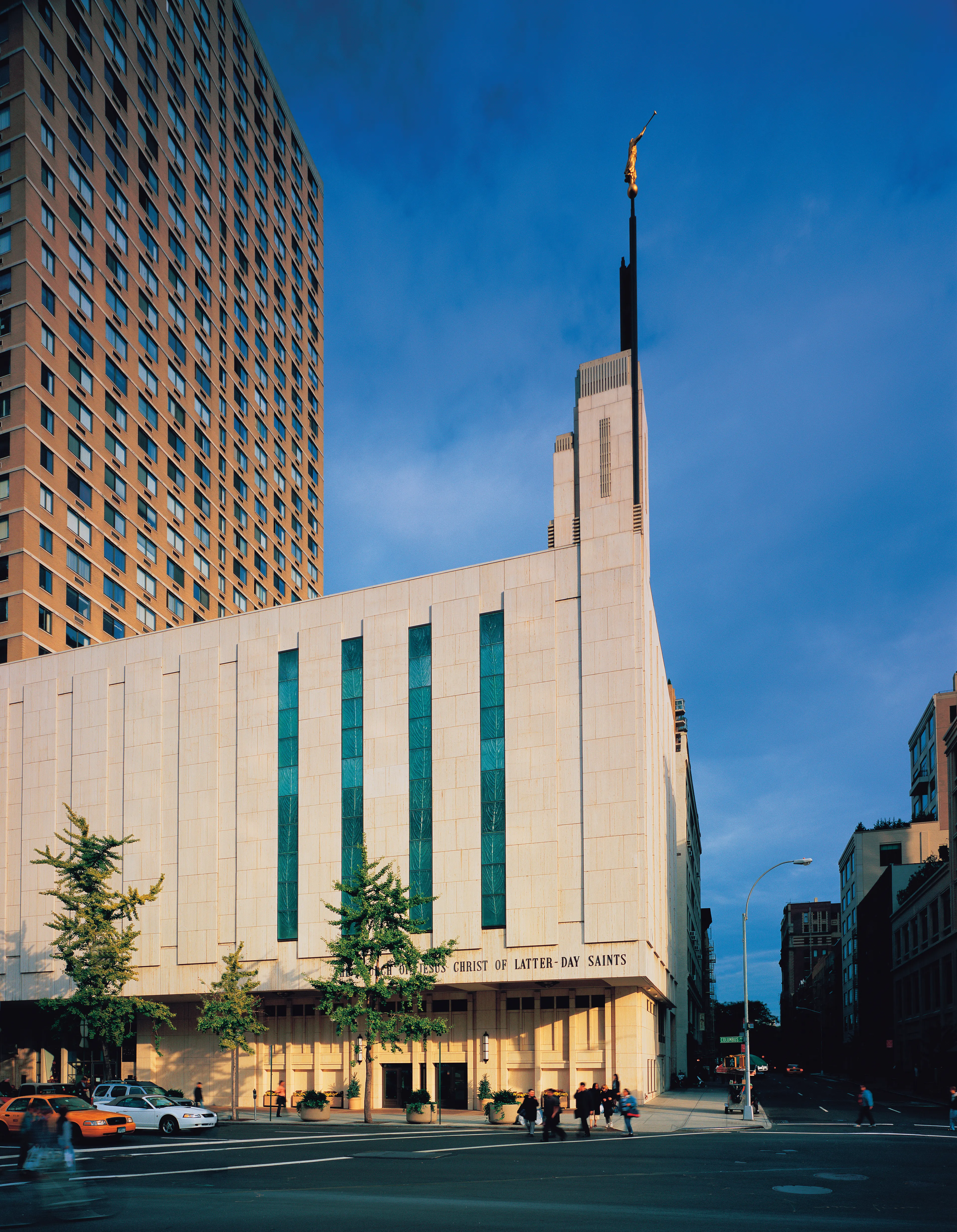 The Manhattan New York Temple at sunset, including the entrance and scenery.