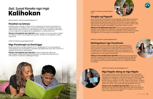 PDF nga pahina bahin sa usa ka batang babaye nga naggunit sa mga kasulatan nga nagbarog sa sirkulo sa nanglingkod nga mga bata