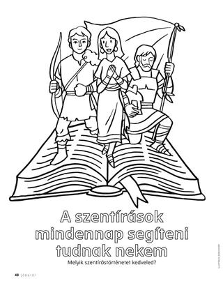 színezőoldal, amelyen Mormon könyve-beli szereplők lépnek ki egy nyitott könyvből