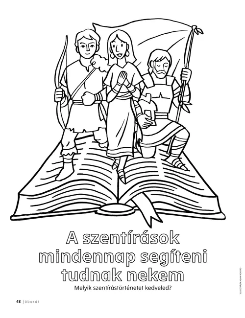 PDF-oldal színezővel, amelyen egy könyvből kilépő, szentírásbeli szereplők láthatóak
