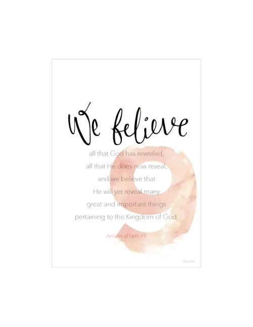 A white background with a large number 9 printed in red, paired with the words of Articles of Faith 1:9.