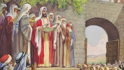Ezra reading scriptures to the people at Jerusalem
