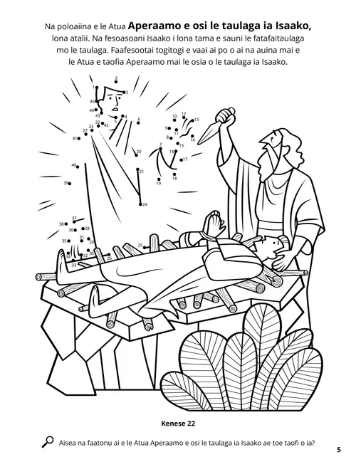 Itulau valivali PDF o Aperaamo ua sauni e ositaulaga Isaako, faaopoopo i ai ma se gaoioiga e faafesootai togitogi
