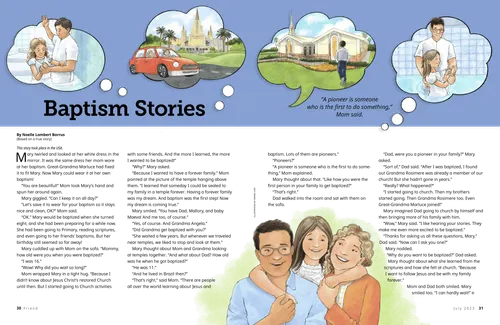 Page PDF of girls being baptized, a car driving to a temple, a boy in front of a church building, and a girl with her parents