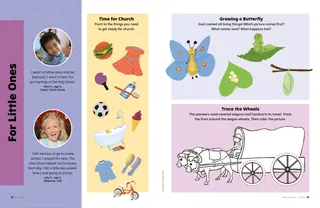 Page PDF with a coloring activity of a covered wagon, a butterfly activity to put in order, and a Sabbath day choices activity