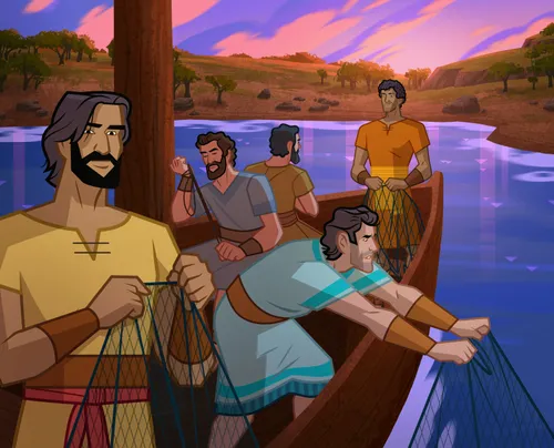 Peter and other Apostles go fishing.