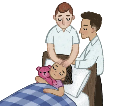 Two men giving a blessing to a girl sick in bed