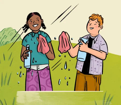 Illustration of a boy and girl cleaning a window together