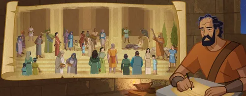 Paul writing a letter, with the people of Corinth in the background.