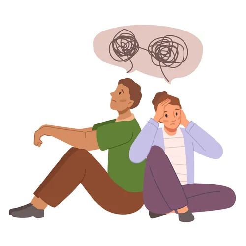 an illustration of two young adults looking stressed and confused