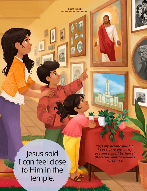 An illustration of a family looking at paintings of Jesus Christ and a temple