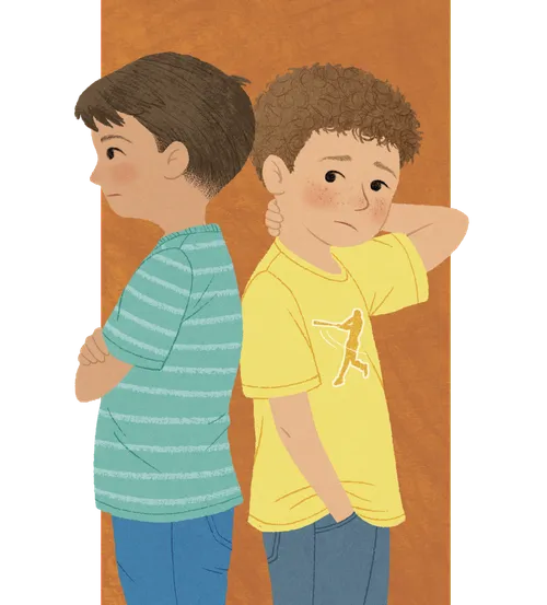Illustration of two boys standing back to back, one looking away with folded arms and one looking back at the other with his hand on the back of his neck