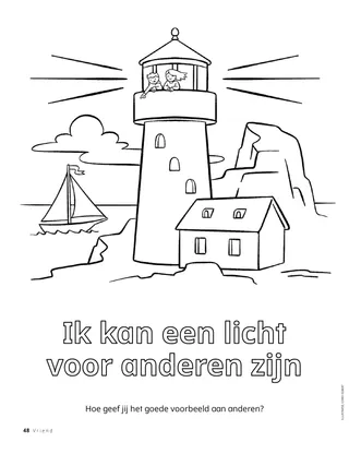 Kleurplaat met een vuurtoren, rotsachtige kust en een zeilboot in de zee