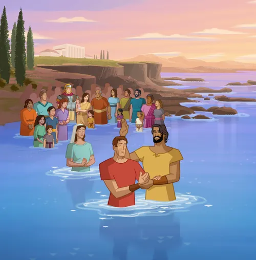 Peter baptizes Cornelius’s family and friends.