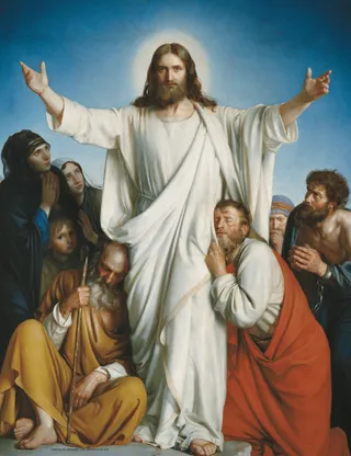 Jezus Christus met zijn armen uitgestrekt, met mensen om Hem heen