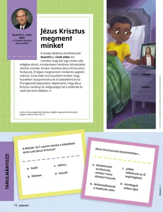 PDF oldal egy kisfiú illusztrációjával, aki az ágyában ül és egy Jézus Krisztust ábrázoló képet néz