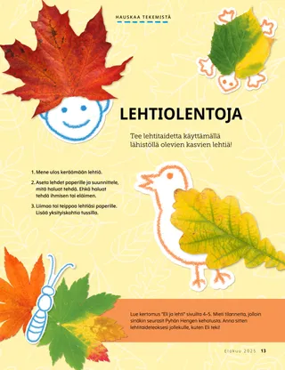 PDF-sivu lehtiaskartelusta; sivulla näkyy perhonen, lintu, kilpikonna ja hymyilevät kasvot