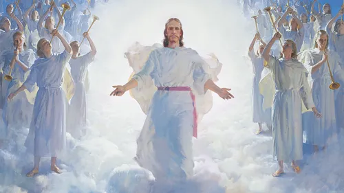Jesus Christ standing in clouds and surrounded by angels