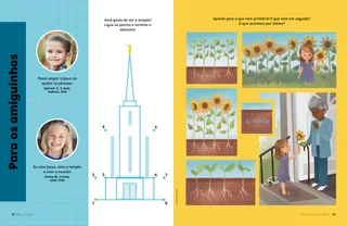 Página PDF com a atividade para ligar os pontos do templo e imagens mostrando diversos estágios de crescimento de um girassol