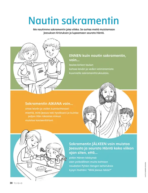 PDF-sivu, jonka kuvissa lapset laulavat kirkon laulua, Jeesus Kristus kahden lapsen kanssa ja tyttö syöttää pienempää lasta pöydän ääressä