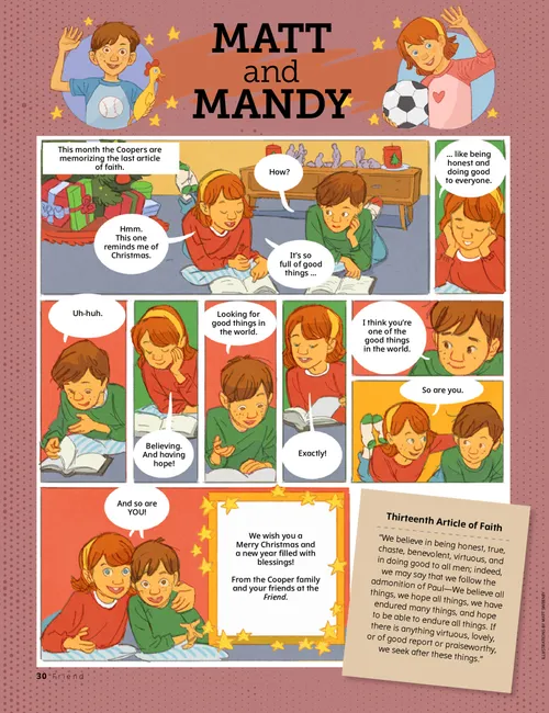 Comic-style story showing a brother and sister at Christmas