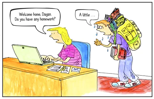 mother and son with overloaded backpack