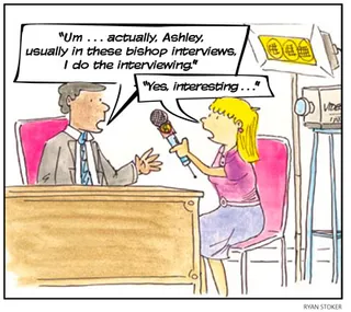 bishop with young woman holding microphone