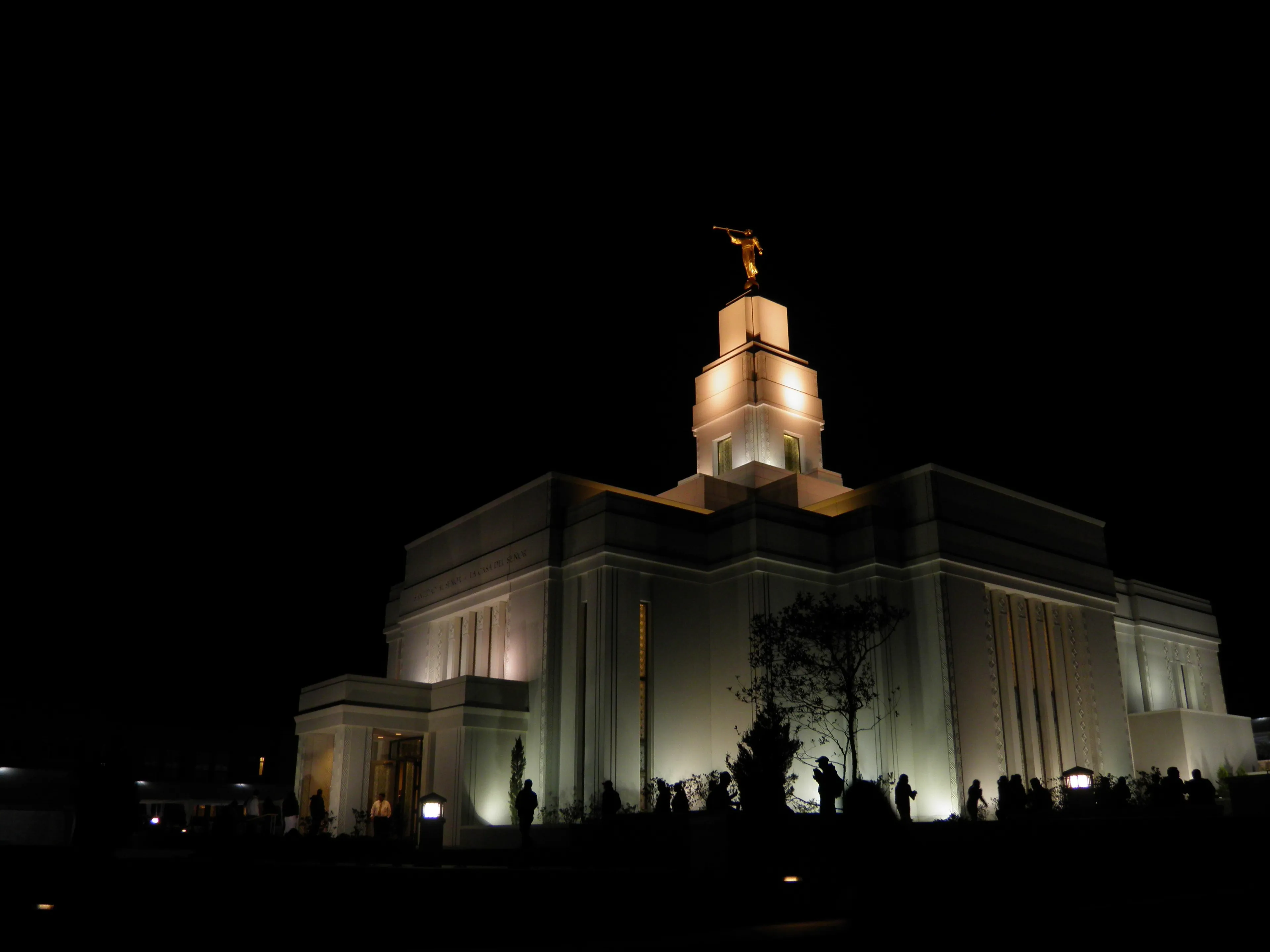 The Quetzaltenango Guatemala Temple in the evening, including entrance.