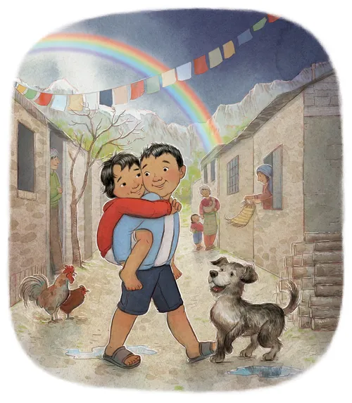children walking under a rainbow