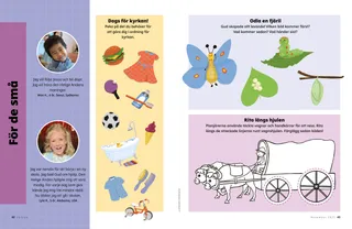 Pdf-sida med en färgläggningsaktivitet av en täckt vagn, en fjärilsaktivitet att sätta i rätt ordning och en aktivitet med val på sabbatsdagen