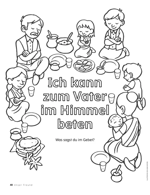 Ausmalbild von einer Familie, die vor dem Essen betet