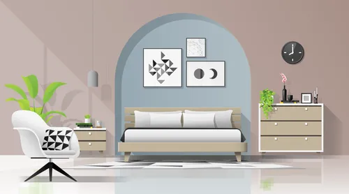 bedroom with a chair and pictures and a clock