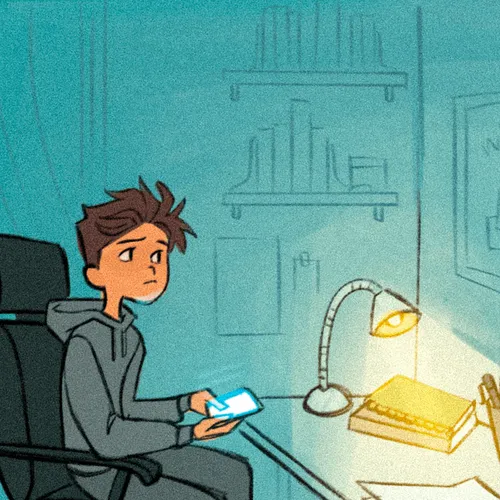 young man in his room at night