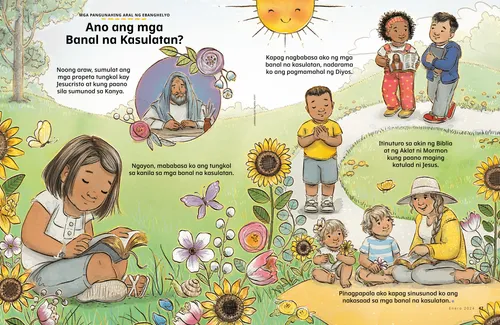 Pdf ng pahina tungkol sa isang batang babae na nagbabasa ng mga banal na kasulatan, isang lalaki na nagsusulat sa parchment, batang babae na nagpapakita sa isang batang lalaki ng larawan ni Jesucristo, batang lalaki na nakapikit at nakapatong ang kanyang mga kamay sa tapat ng kanyang puso, babae na nagtuturo sa dalawang bata mula sa mga banal na kasulatan