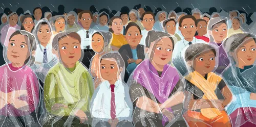 A group of people sitting outdoors in the rain in church clothes and rain ponchos