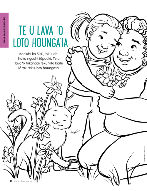 Peesi tā valivali PDF ʻo ha kiʻi taʻahine malimali ʻokú ne fāʻofua ki ha fefine mo ʻoange ki ai ha matalaʻiʻakau, mo ha pusi ʻoku tangutu ofi mai pē