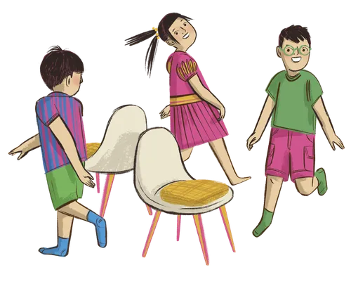 Children playing the game Musical Chairs