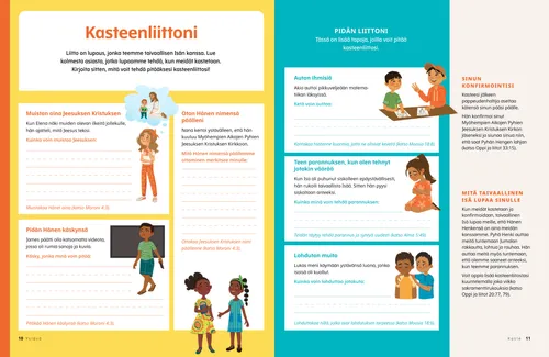 PDF-sivu, jossa on kuvia lapsista, jotka valitsevat oikein, sekä rivejä, joille kirjoittaa